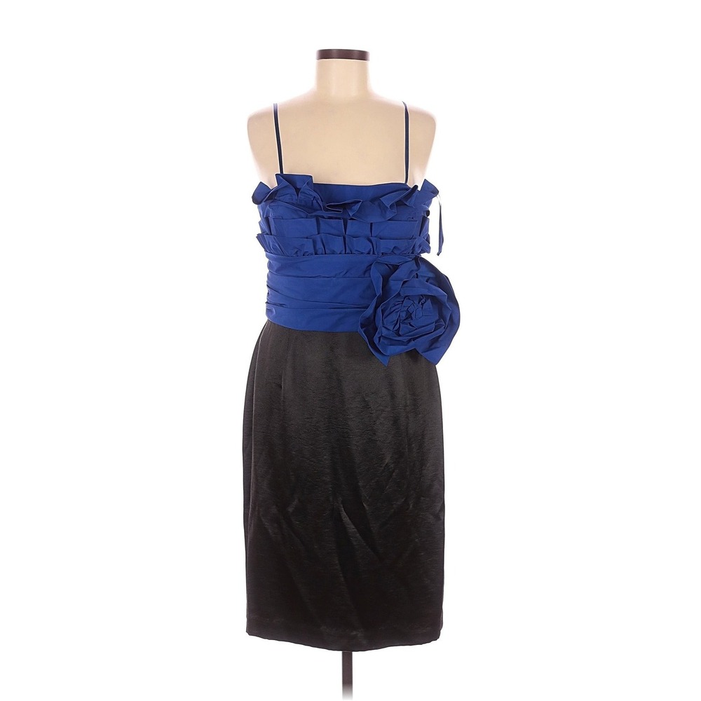 Maxandcleo Women‎ Blue Ruffled Floral Applique Black Sheath Cocktail Dress S 12